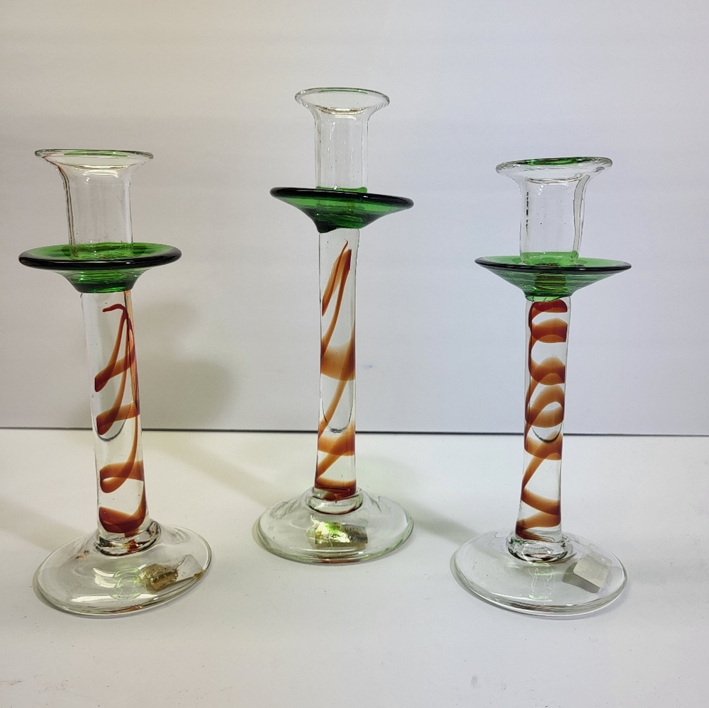 Cute Lot Of 3 Foreside HANDBLOWN Glass Swirling Red Green Candle Holder